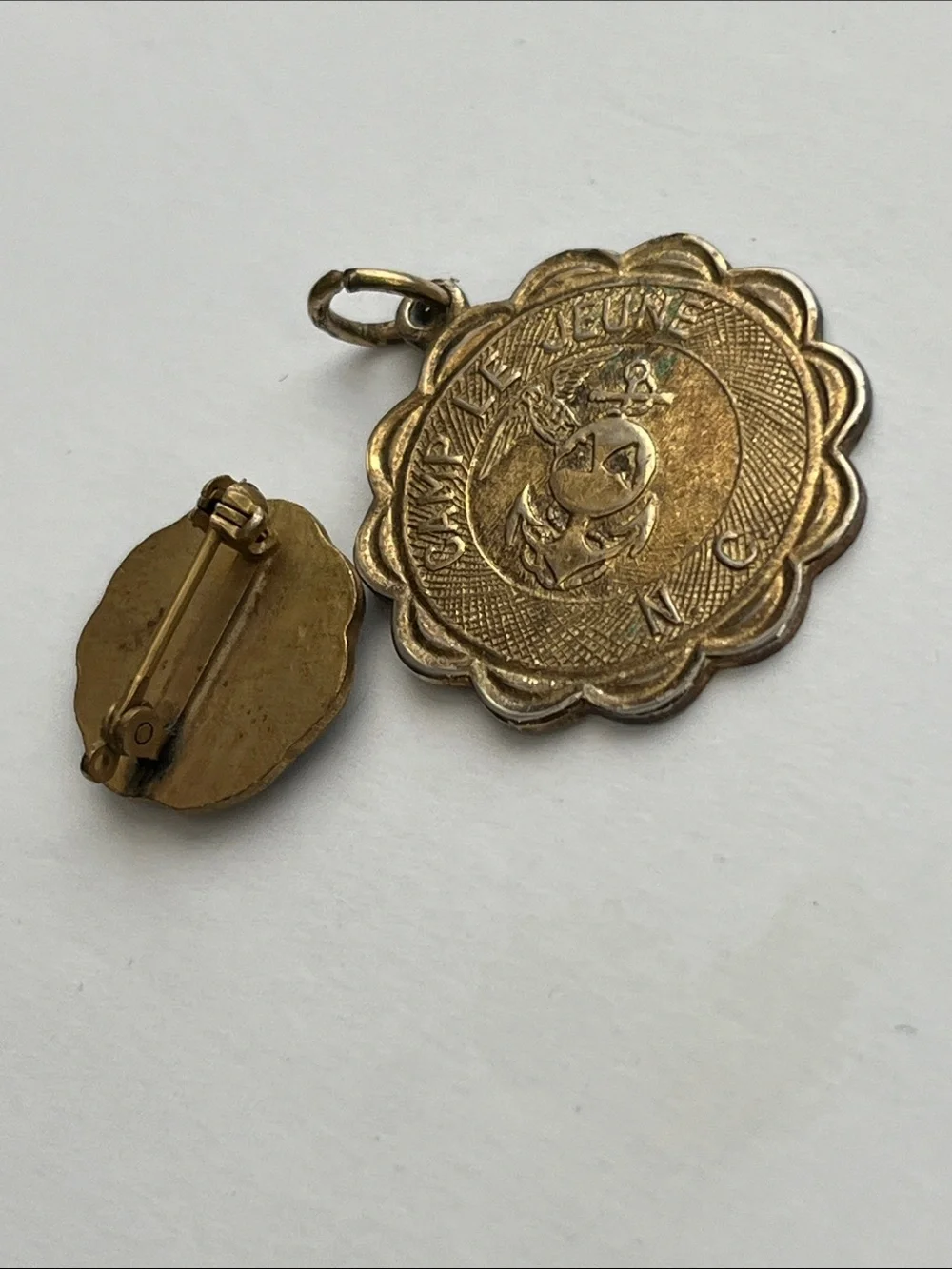 Gold Tone Scalloped Marine Corps Charm Pendant and Brooch